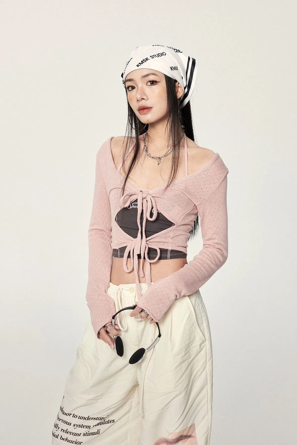 Long Sleeve Crop Top with Lace-Up Detail