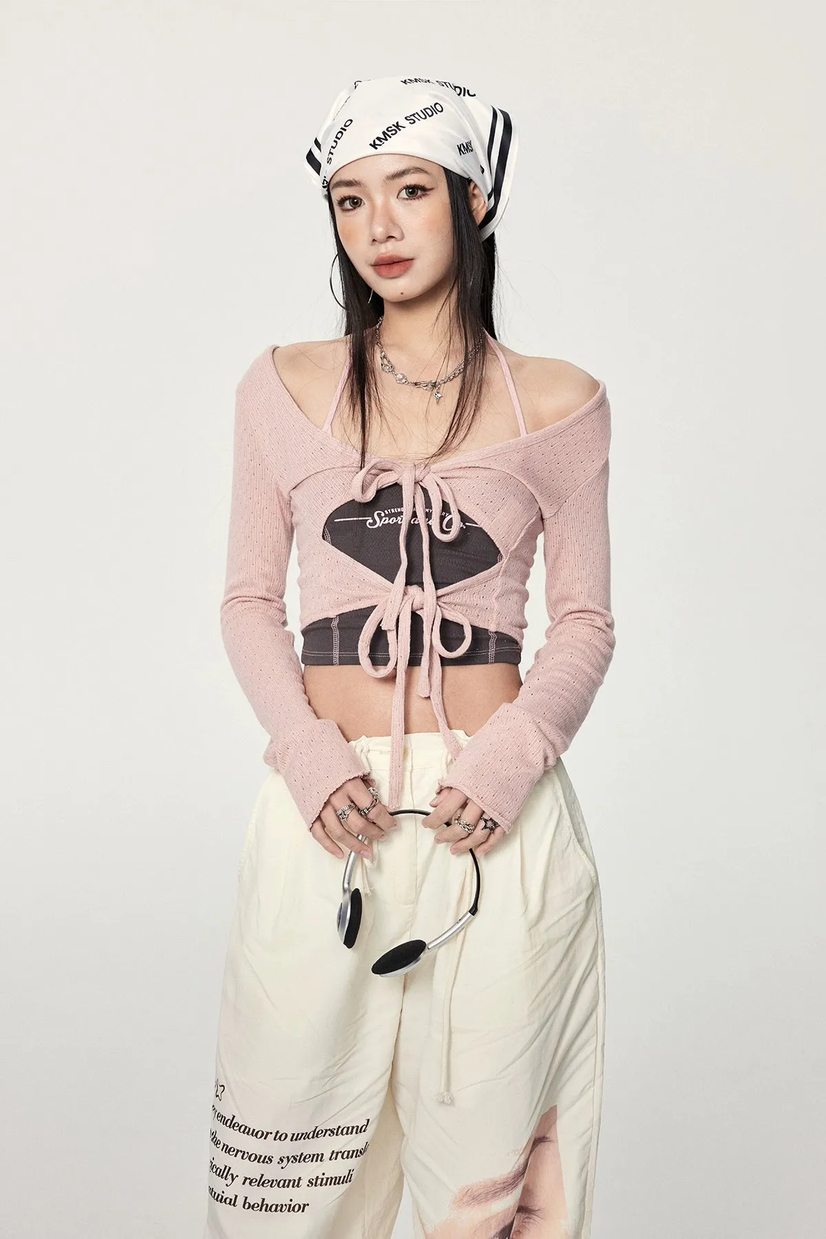 Long Sleeve Crop Top with Lace-Up Detail