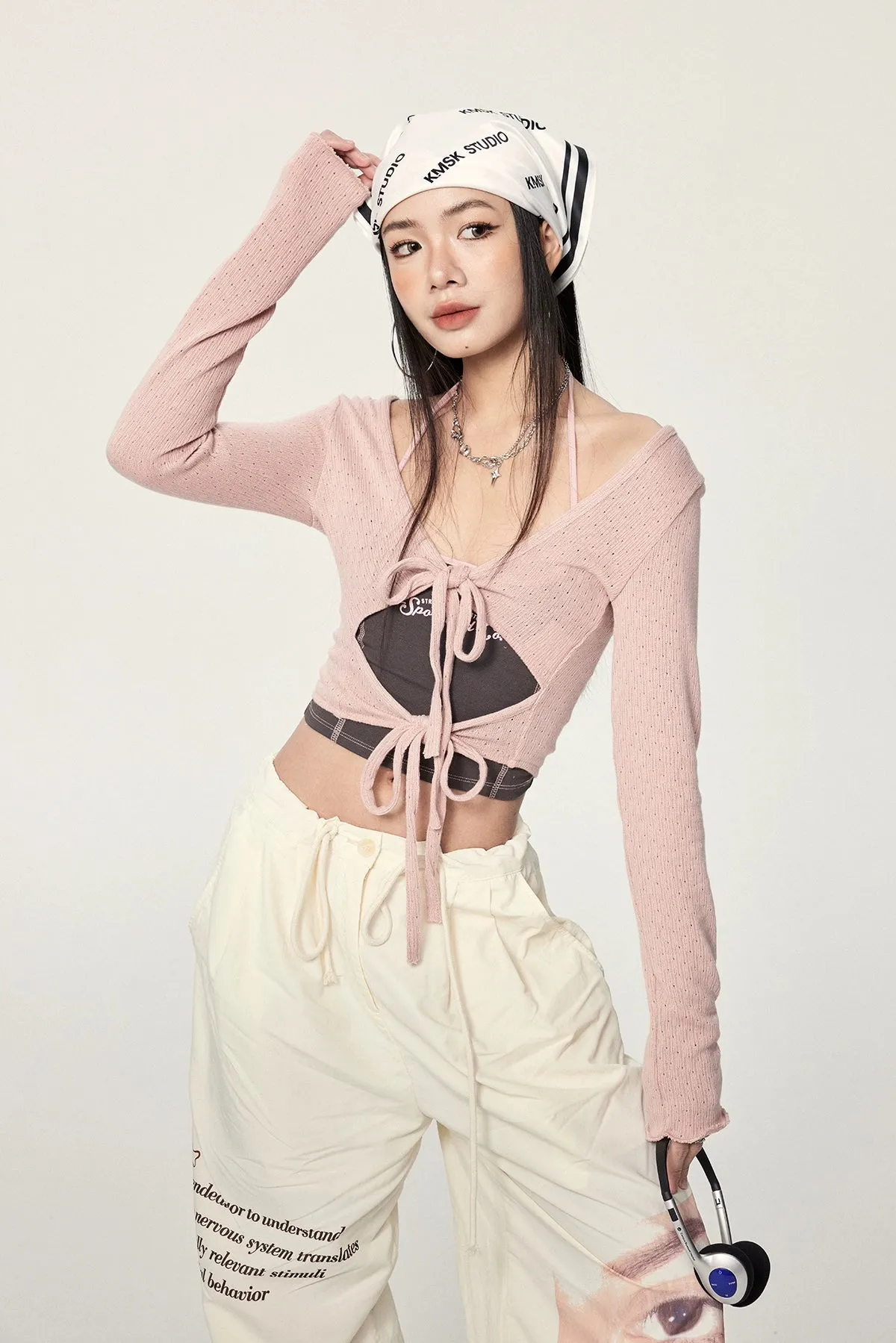 Long Sleeve Crop Top with Lace-Up Detail