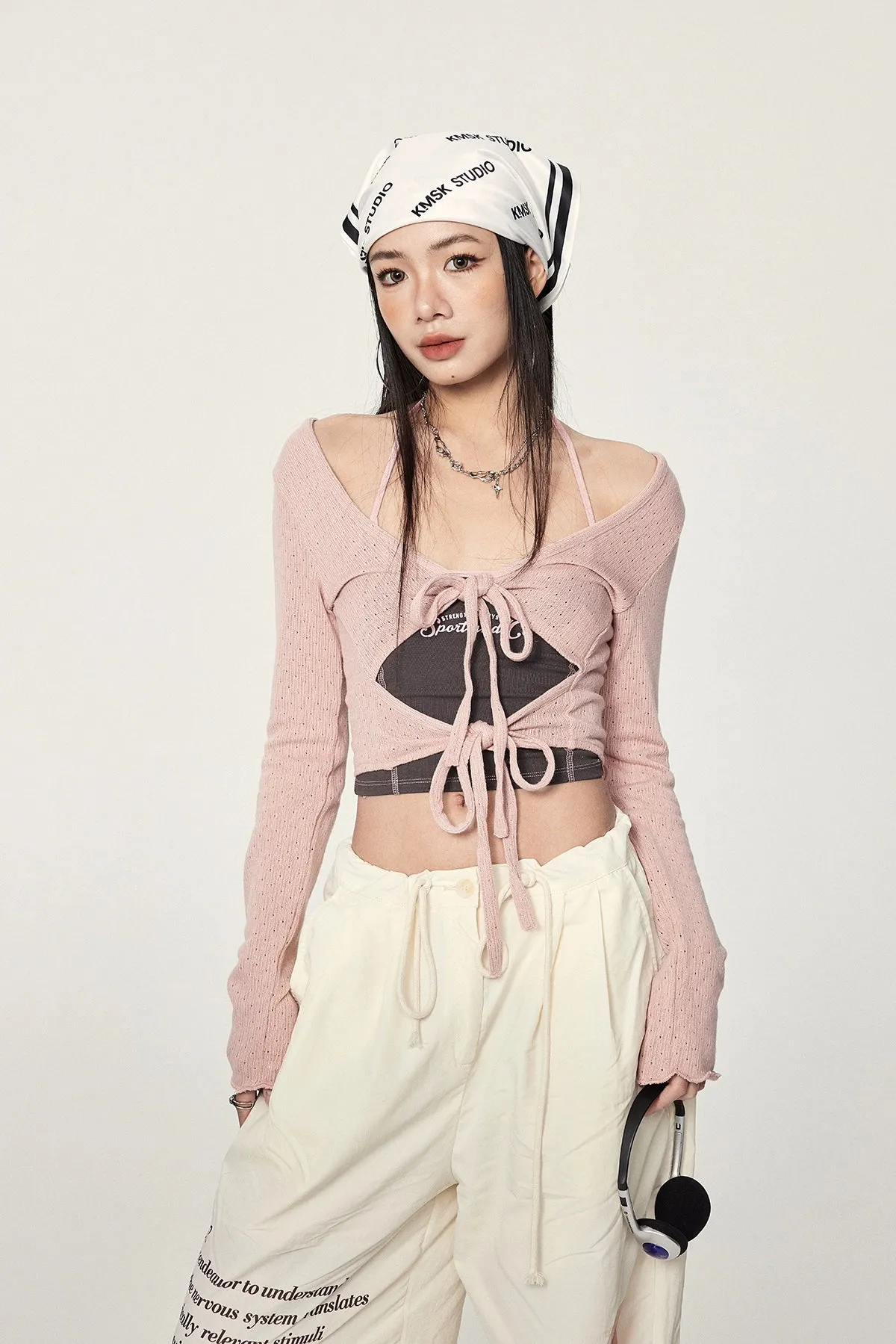 Long Sleeve Crop Top with Lace-Up Detail