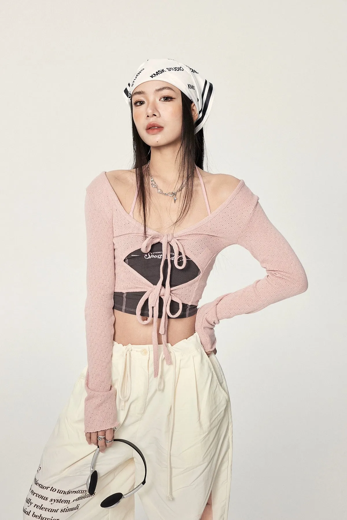 Long Sleeve Crop Top with Lace-Up Detail