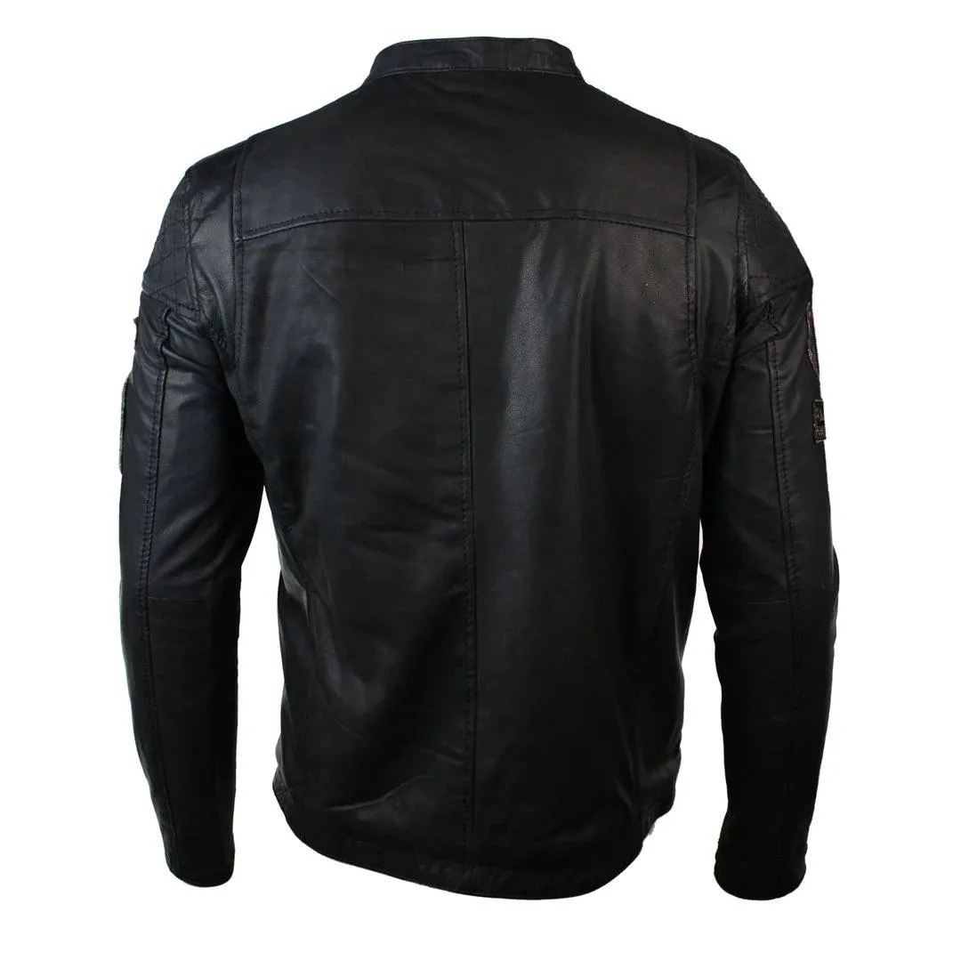 Mens Black Slim Fit Retro Vintage Casual Real Leather Biker Style Jacket Badges