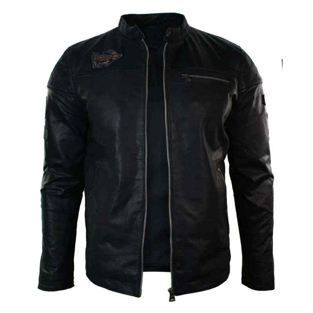 Mens Black Slim Fit Retro Vintage Casual Real Leather Biker Style Jacket Badges