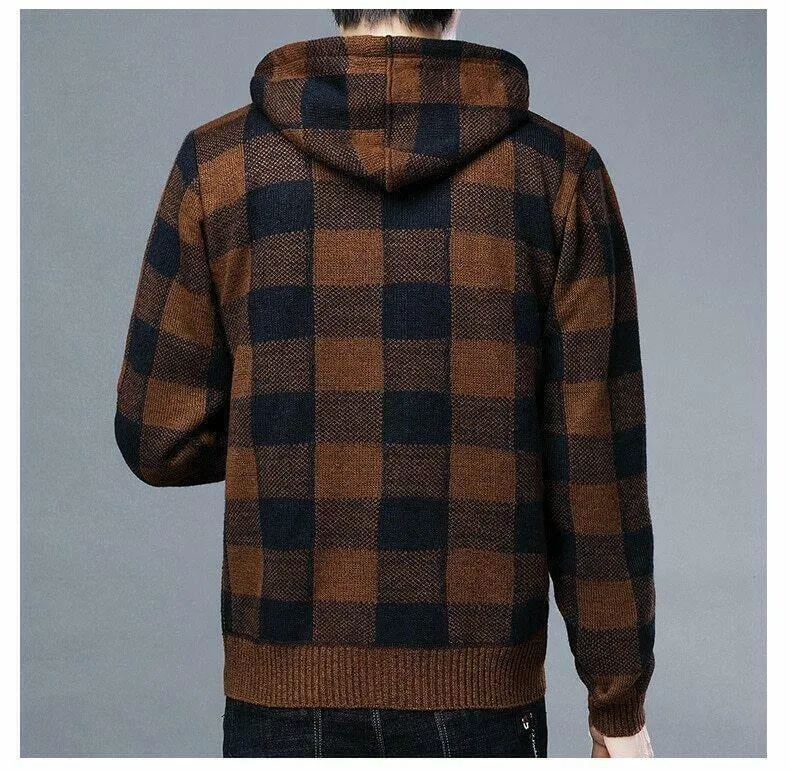 Men's Winter Casual Coat Hooded Knit Outwear Plaid Sweater Full Zipper Cardigan Jackets