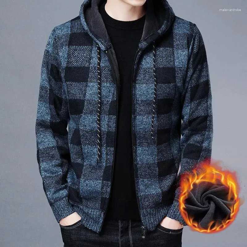 Men's Winter Casual Coat Hooded Knit Outwear Plaid Sweater Full Zipper Cardigan Jackets