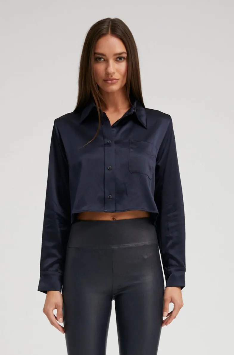 Navy Silk Cropped Button Down