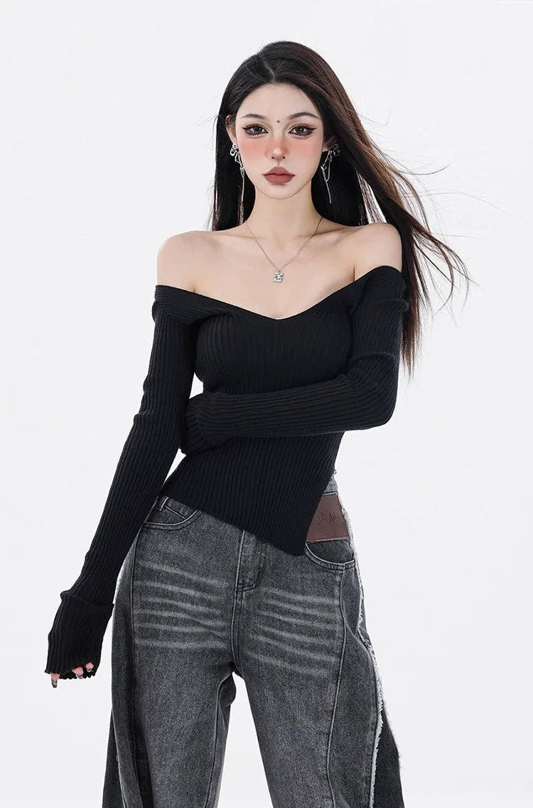 Off Shoulder Knit Long Sleeve Top with Side Slit