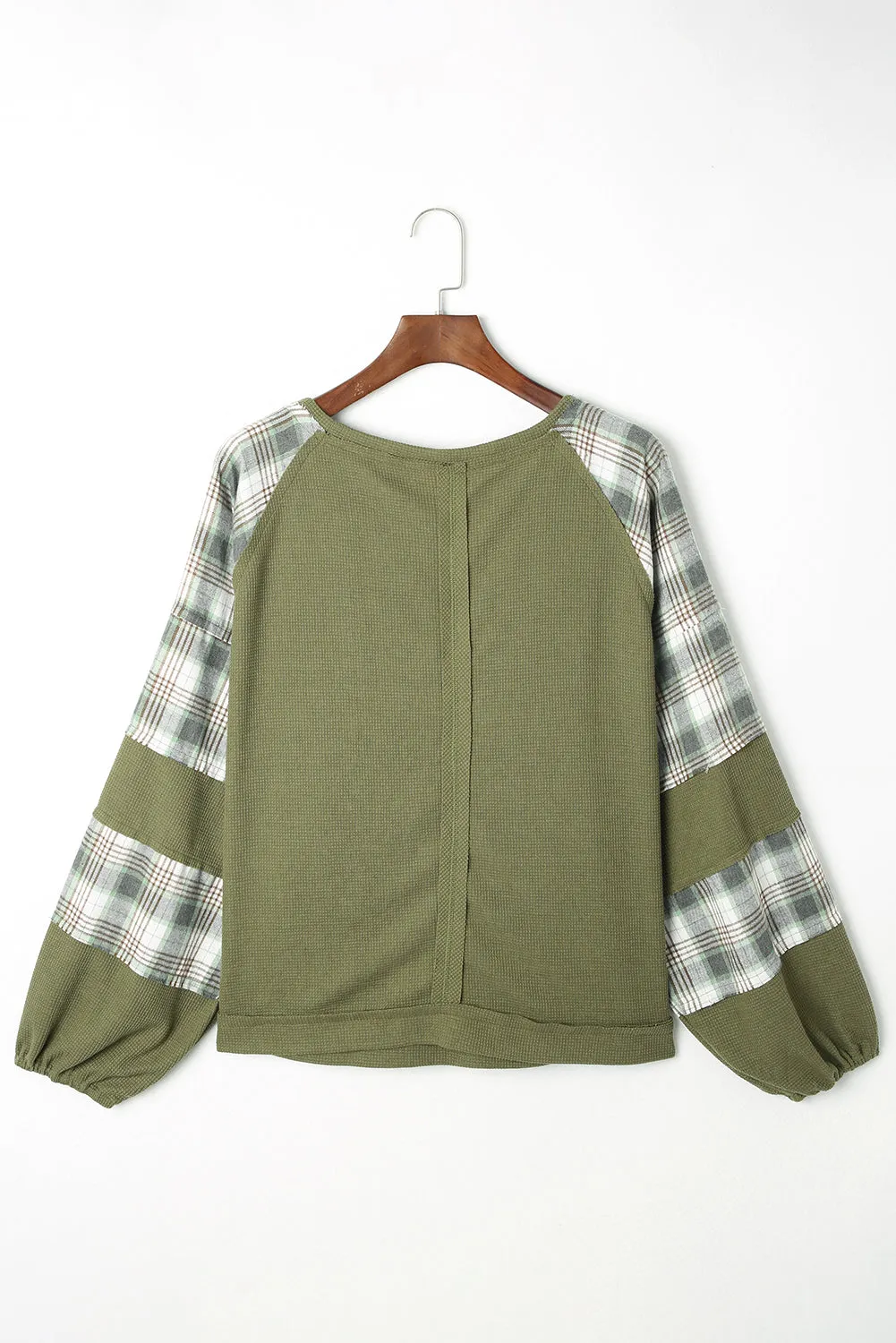 Plaid Patch Waffle Knit Exposed Seam Bubble Sleeve Top