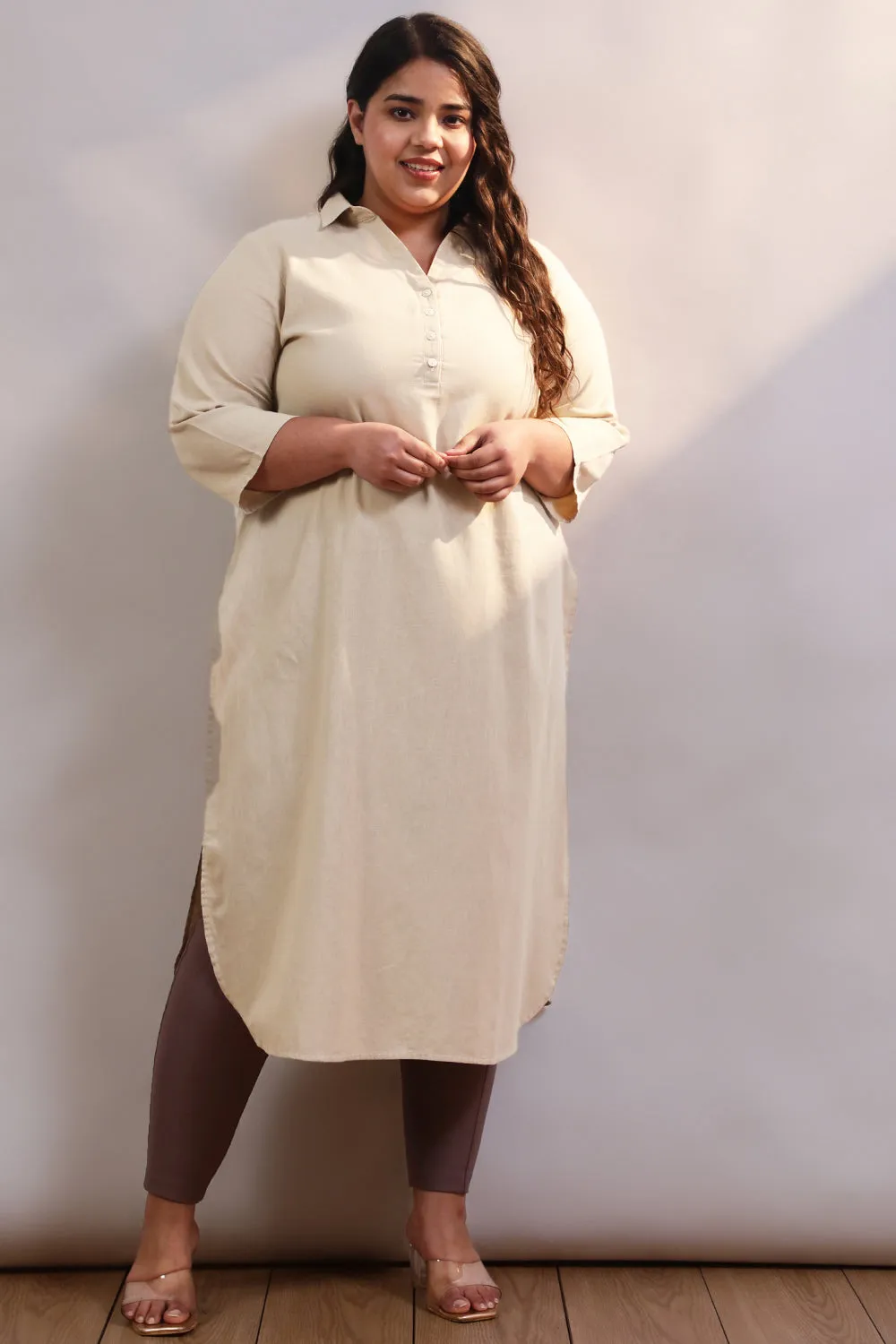 Plus Size Cream Cotton Linen Collar Kurta