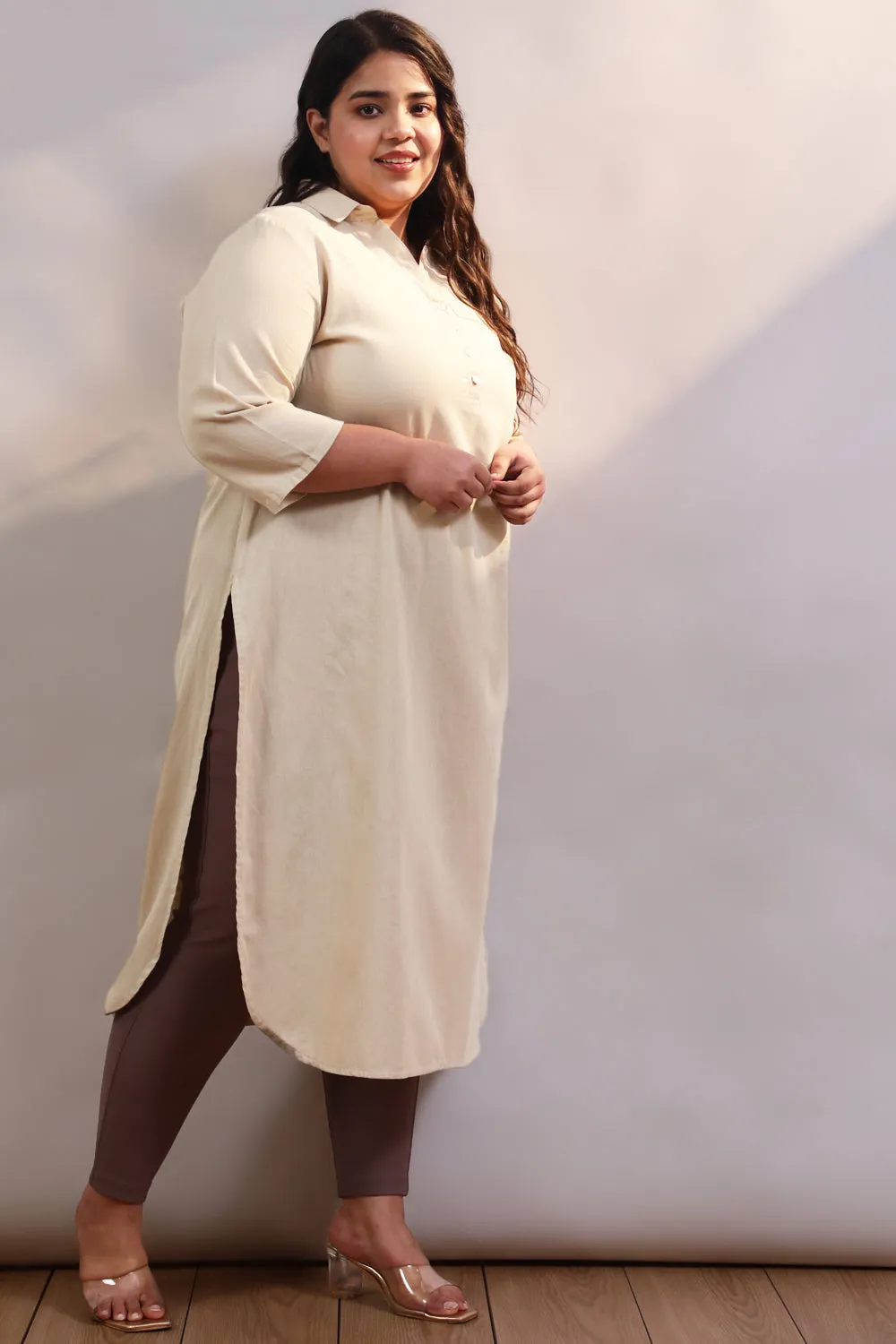 Plus Size Cream Cotton Linen Collar Kurta