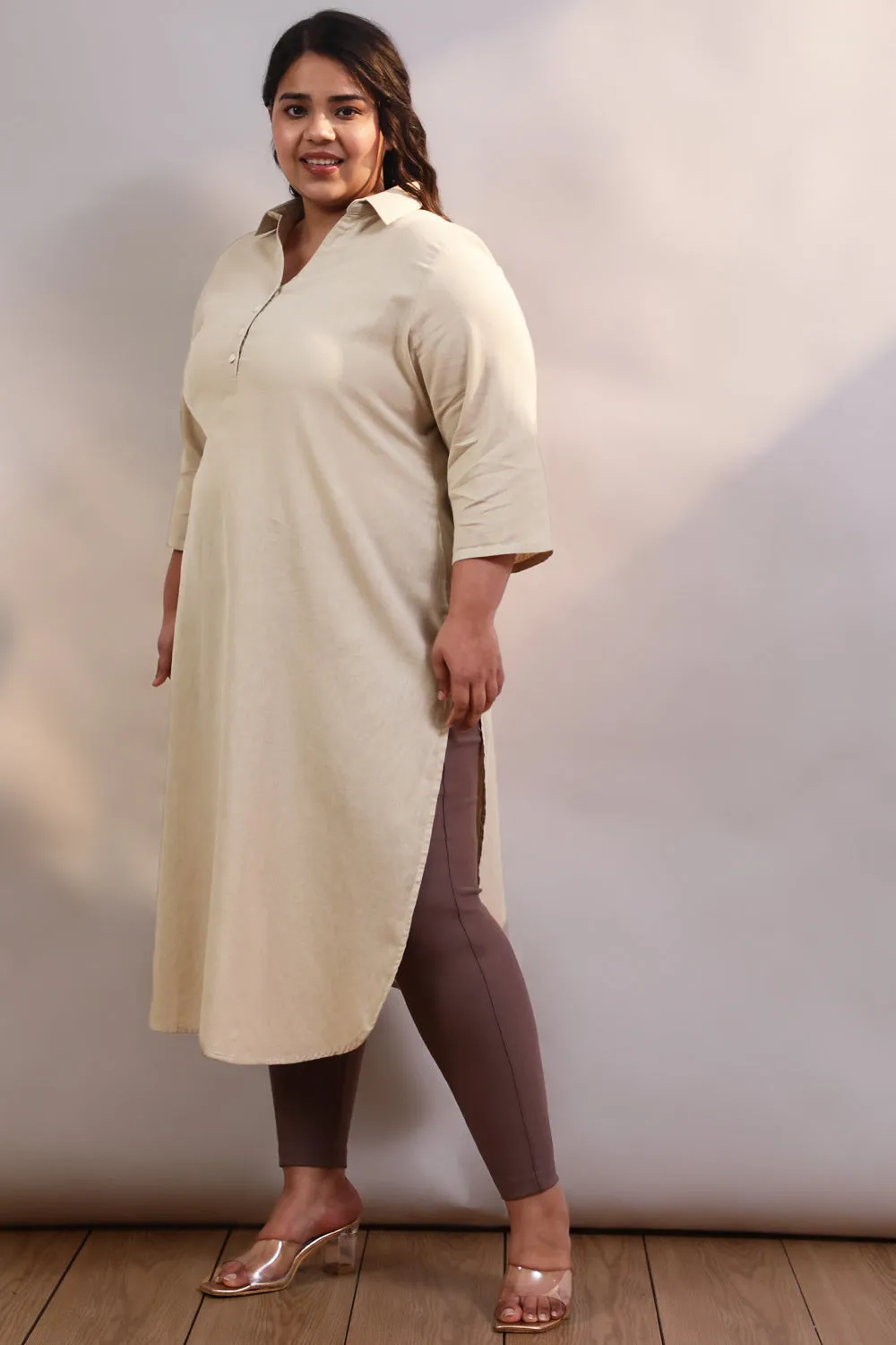 Plus Size Cream Cotton Linen Collar Kurta