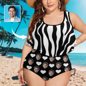 #Plus Size Ruffle Tankini-Custom Face Black&White Stripe Love Heart Plus Size Swimsuit Ruffle High Waisted Bikini Personalized Tankini Women's Two Piece Summer Swimsuit Cover Your Tummy