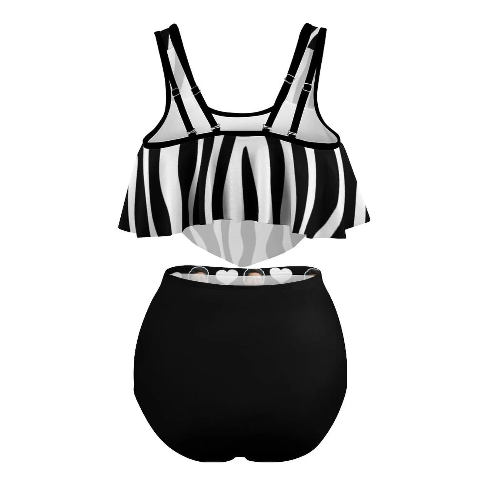 #Plus Size Ruffle Tankini-Custom Face Black&White Stripe Love Heart Plus Size Swimsuit Ruffle High Waisted Bikini Personalized Tankini Women's Two Piece Summer Swimsuit Cover Your Tummy