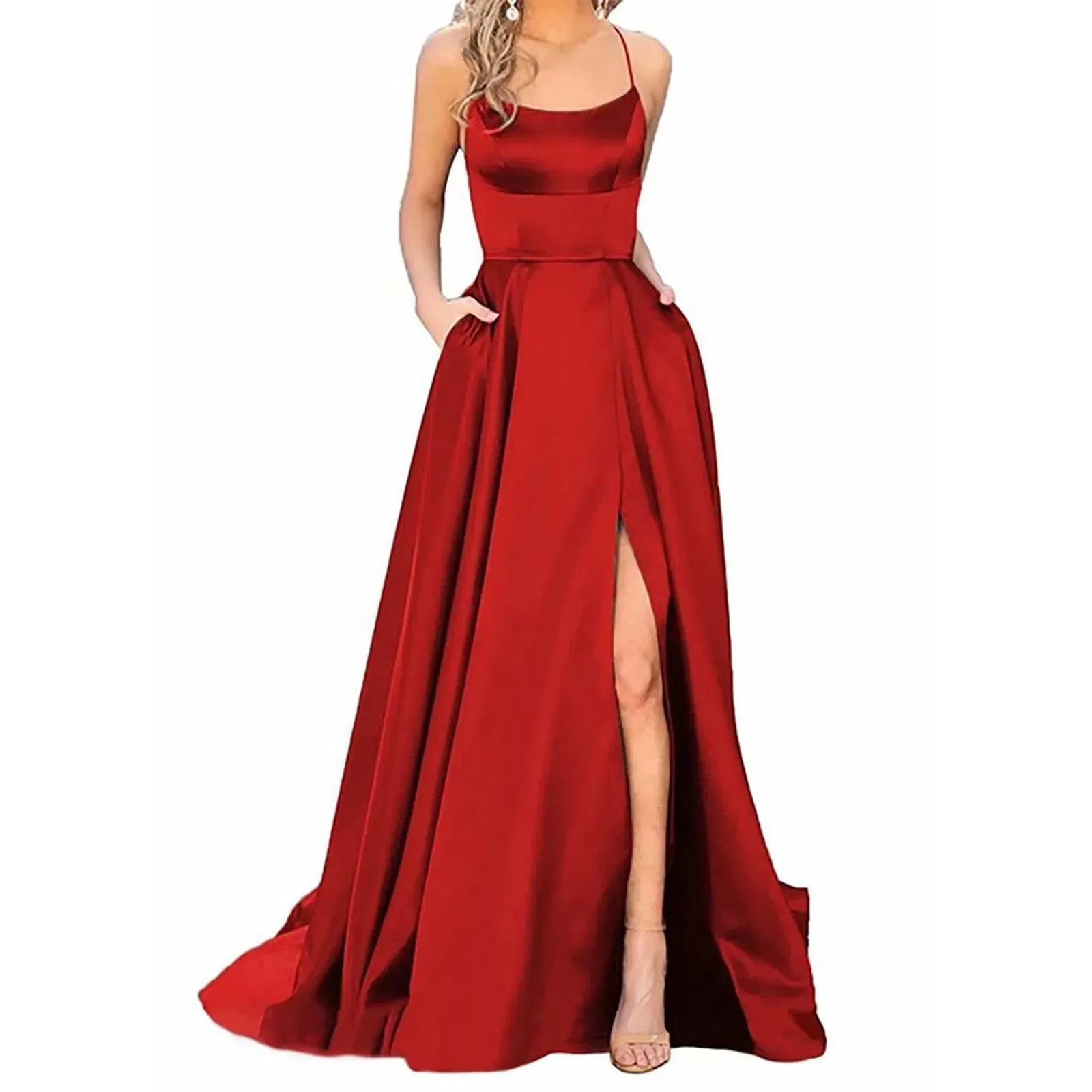 Prom Dresses Ladies Long Women Elegant Halter Backless Long DressesCrisn Satin Spaghetti Party Prom Dress Side Slit Wedding