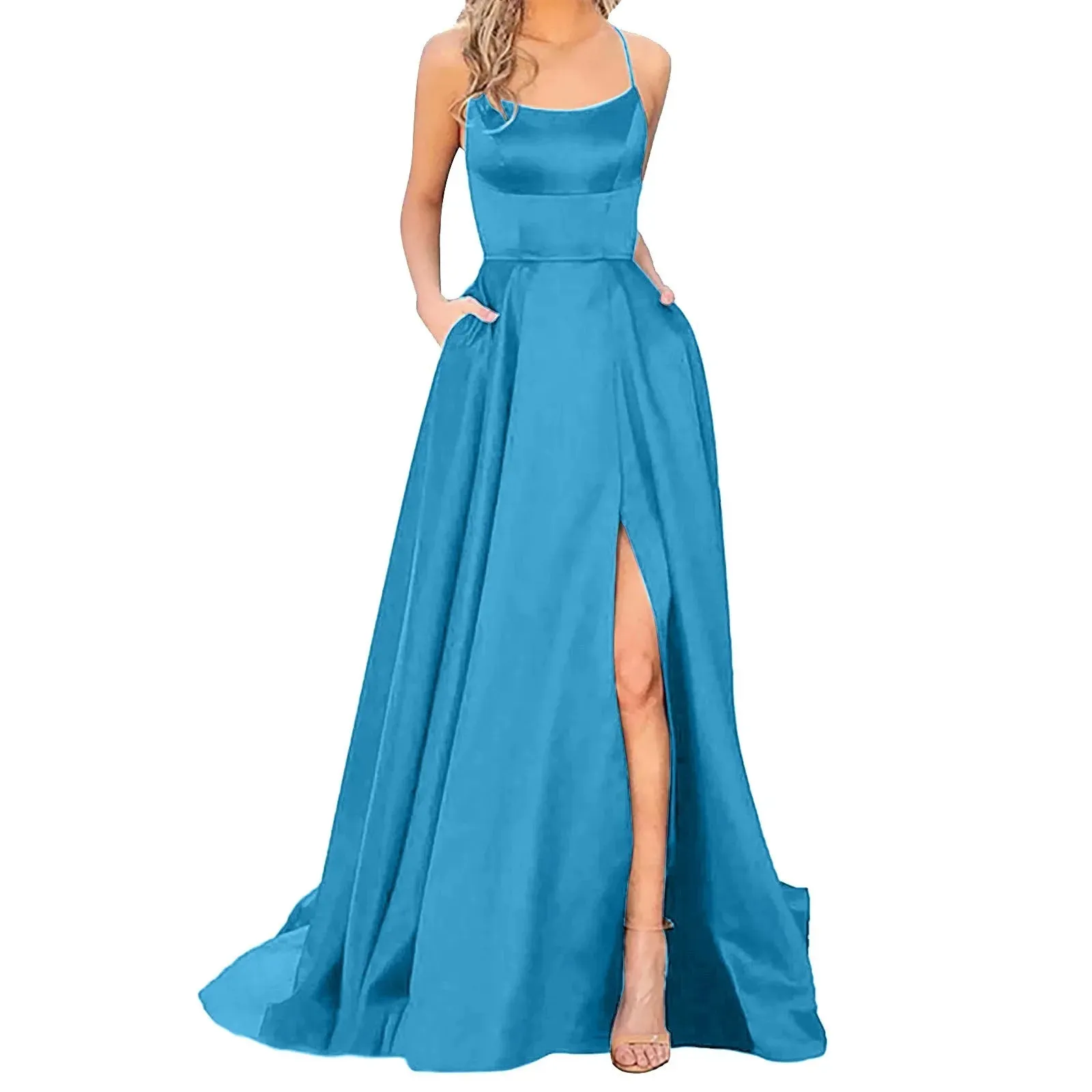 Prom Dresses Ladies Long Women Elegant Halter Backless Long DressesCrisn Satin Spaghetti Party Prom Dress Side Slit Wedding