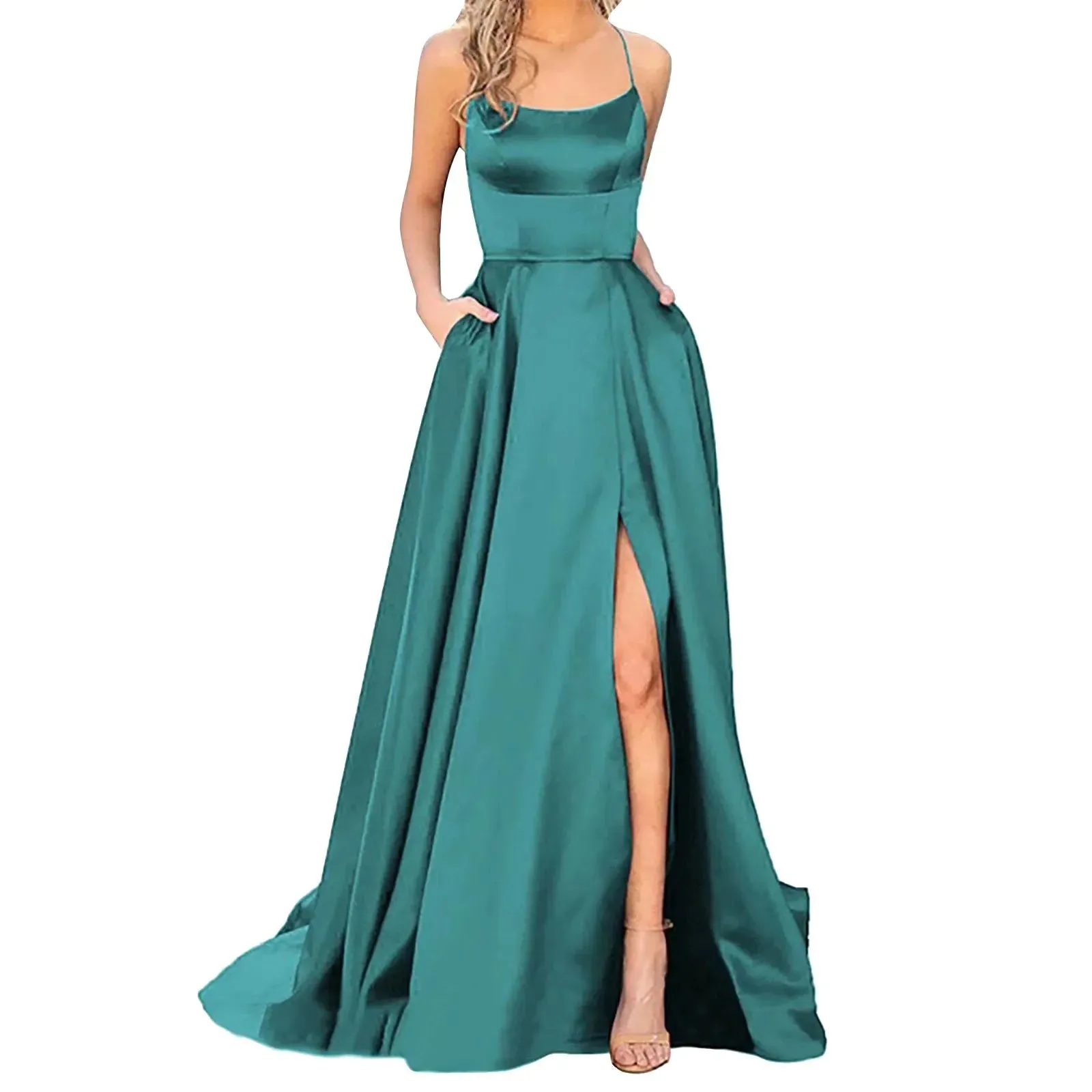 Prom Dresses Ladies Long Women Elegant Halter Backless Long DressesCrisn Satin Spaghetti Party Prom Dress Side Slit Wedding