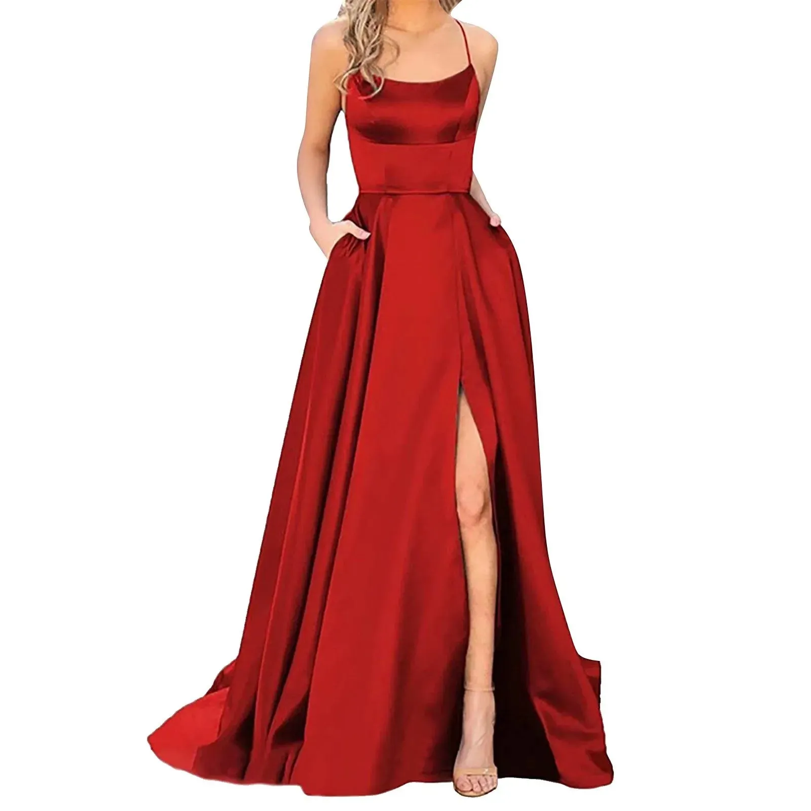 Prom Dresses Ladies Long Women Elegant Halter Backless Long DressesCrisn Satin Spaghetti Party Prom Dress Side Slit Wedding