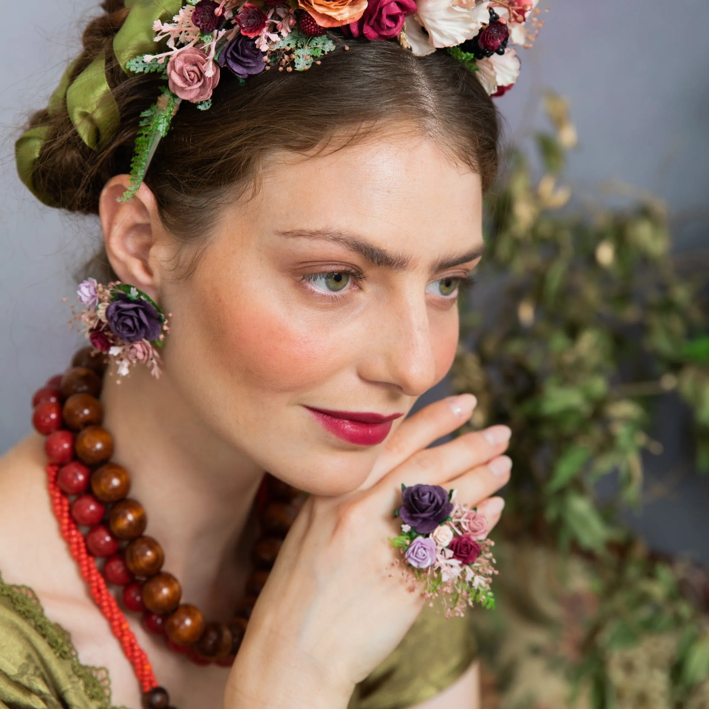 Purple flower earrings and ring