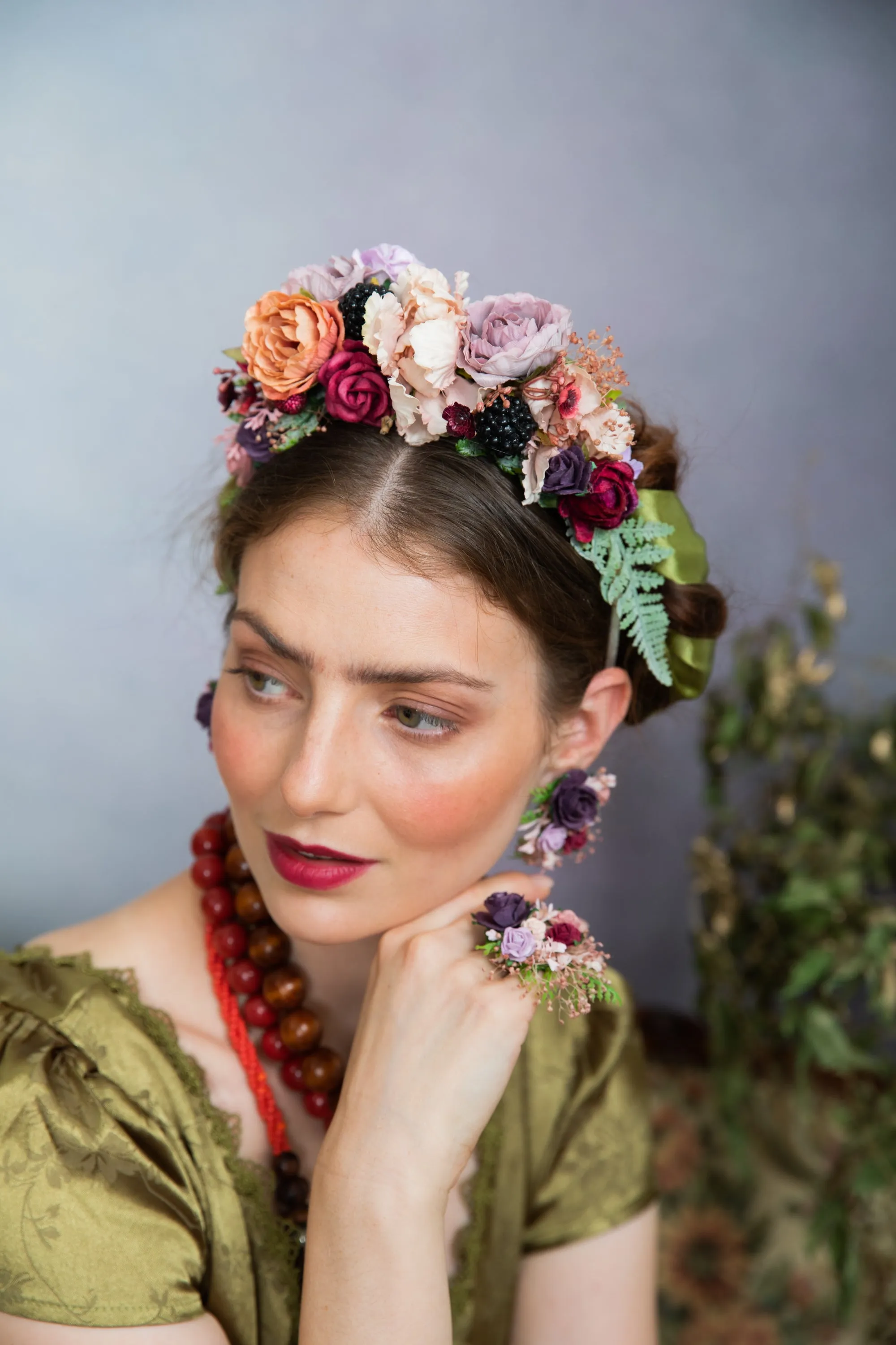 Purple flower earrings and ring