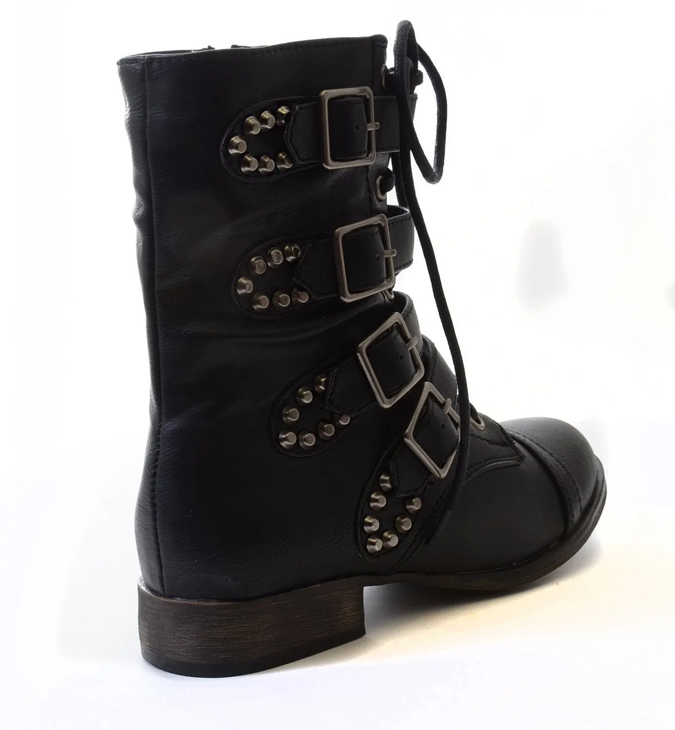 Rocker Chic Studded Buckle Lace-up Biker Bootie