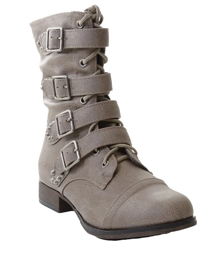 Rocker Chic Studded Buckle Lace-up Biker Bootie