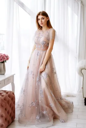 Romantic Mauve/Blush Pink Tulle Gown with Keyhole Back