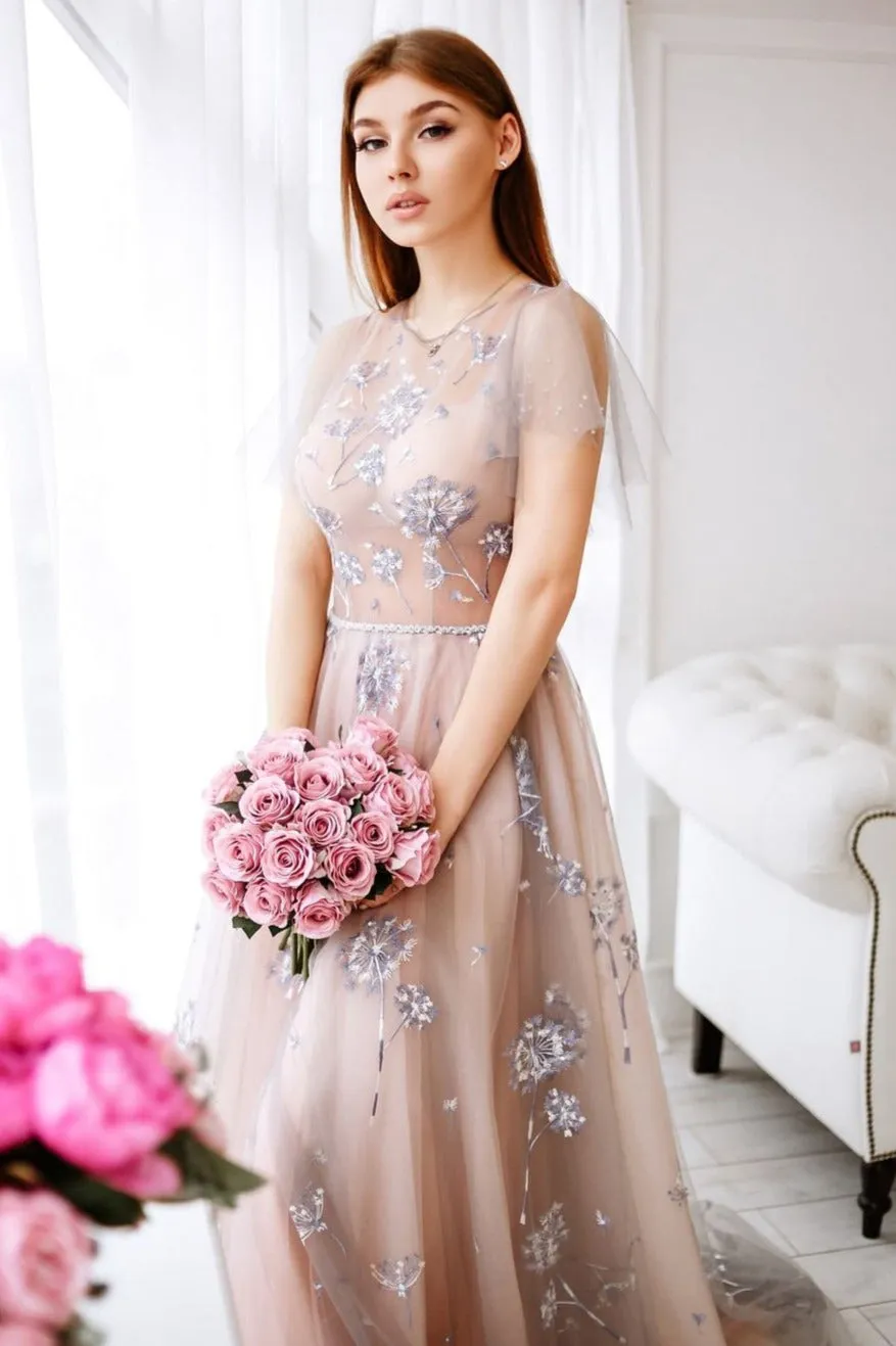 Romantic Mauve/Blush Pink Tulle Gown with Keyhole Back