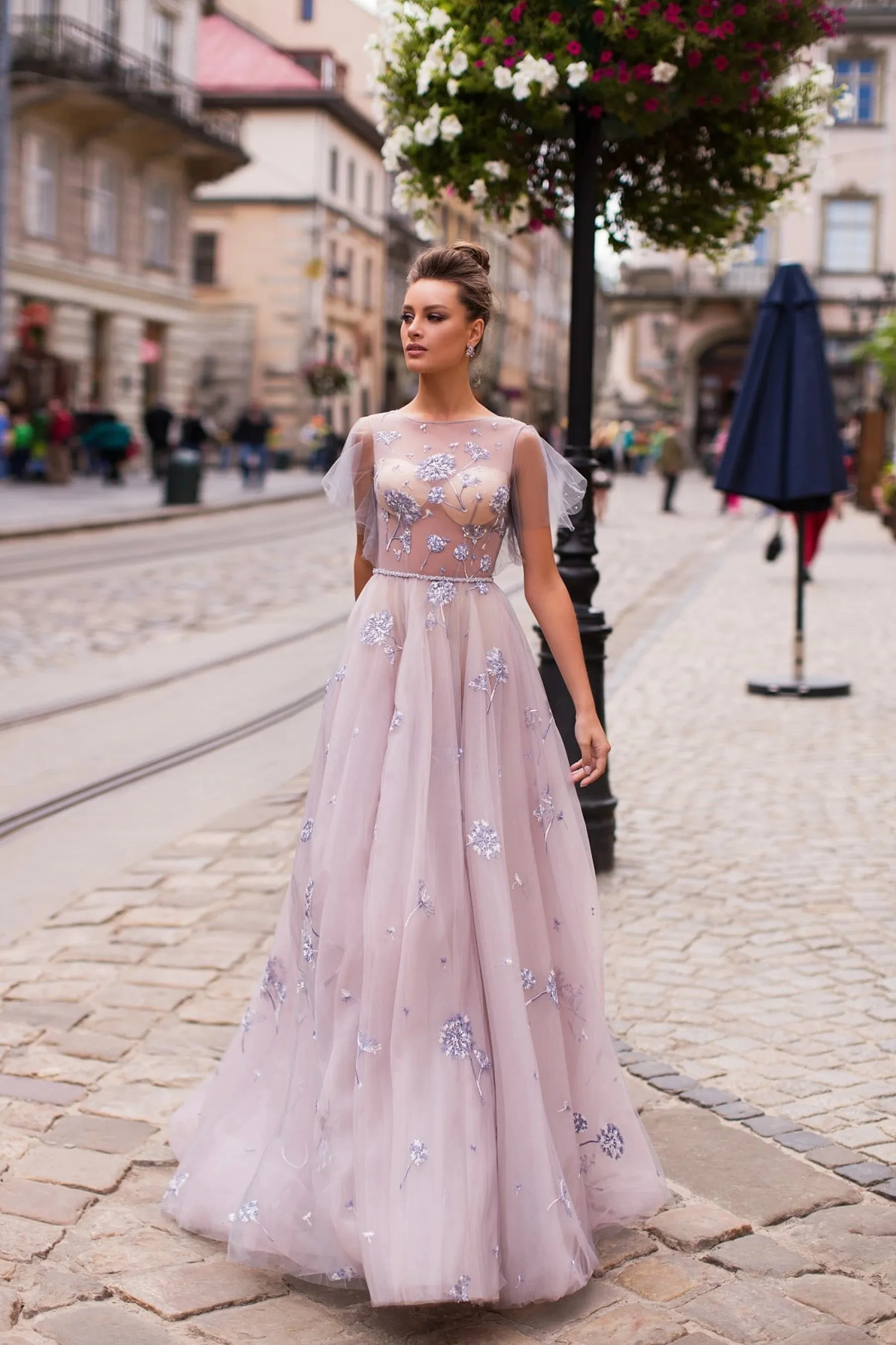 Romantic Mauve/Blush Pink Tulle Gown with Keyhole Back