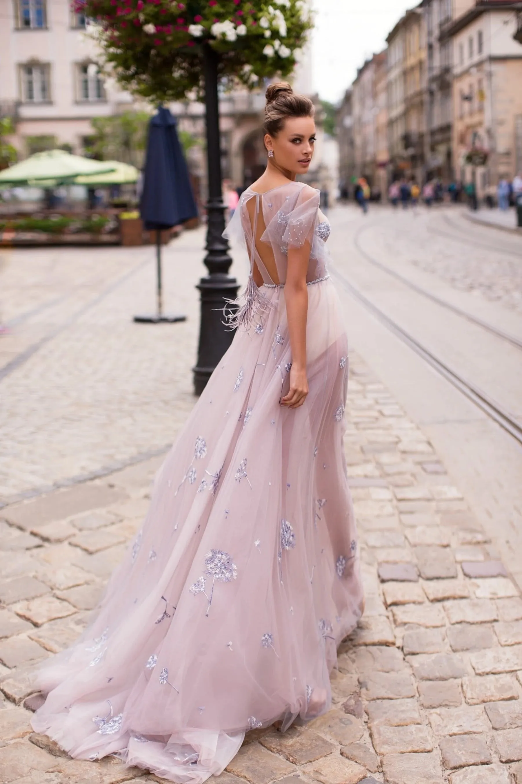 Romantic Mauve/Blush Pink Tulle Gown with Keyhole Back