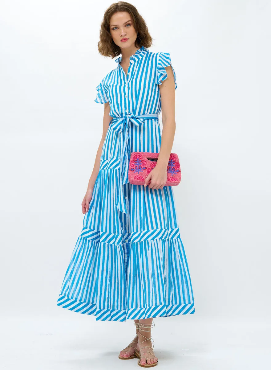 Ruffle Collar Button Maxi - Playa Blue