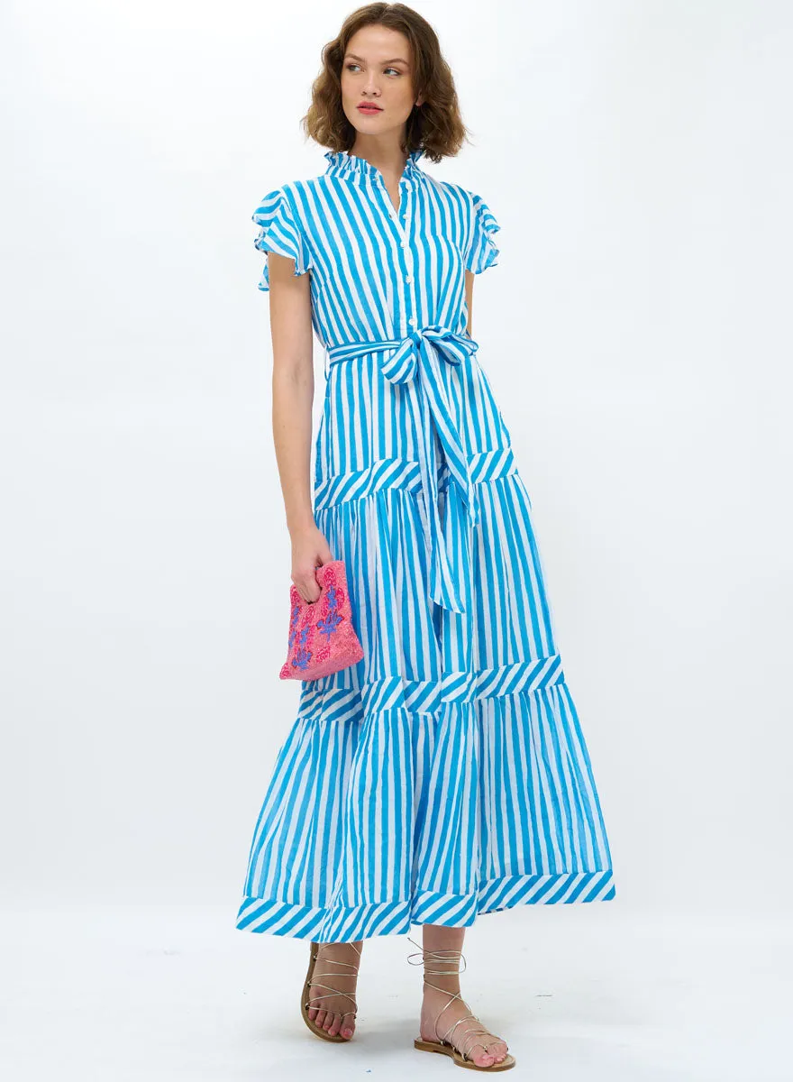 Ruffle Collar Button Maxi - Playa Blue