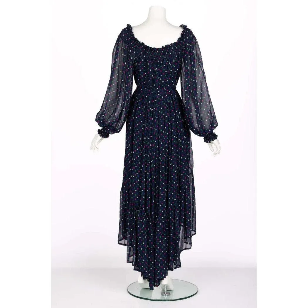 SAINT LAURENT Blue Polka Dot Off Shoulder Silk Dress Ysl 1970s | Size 38 FR