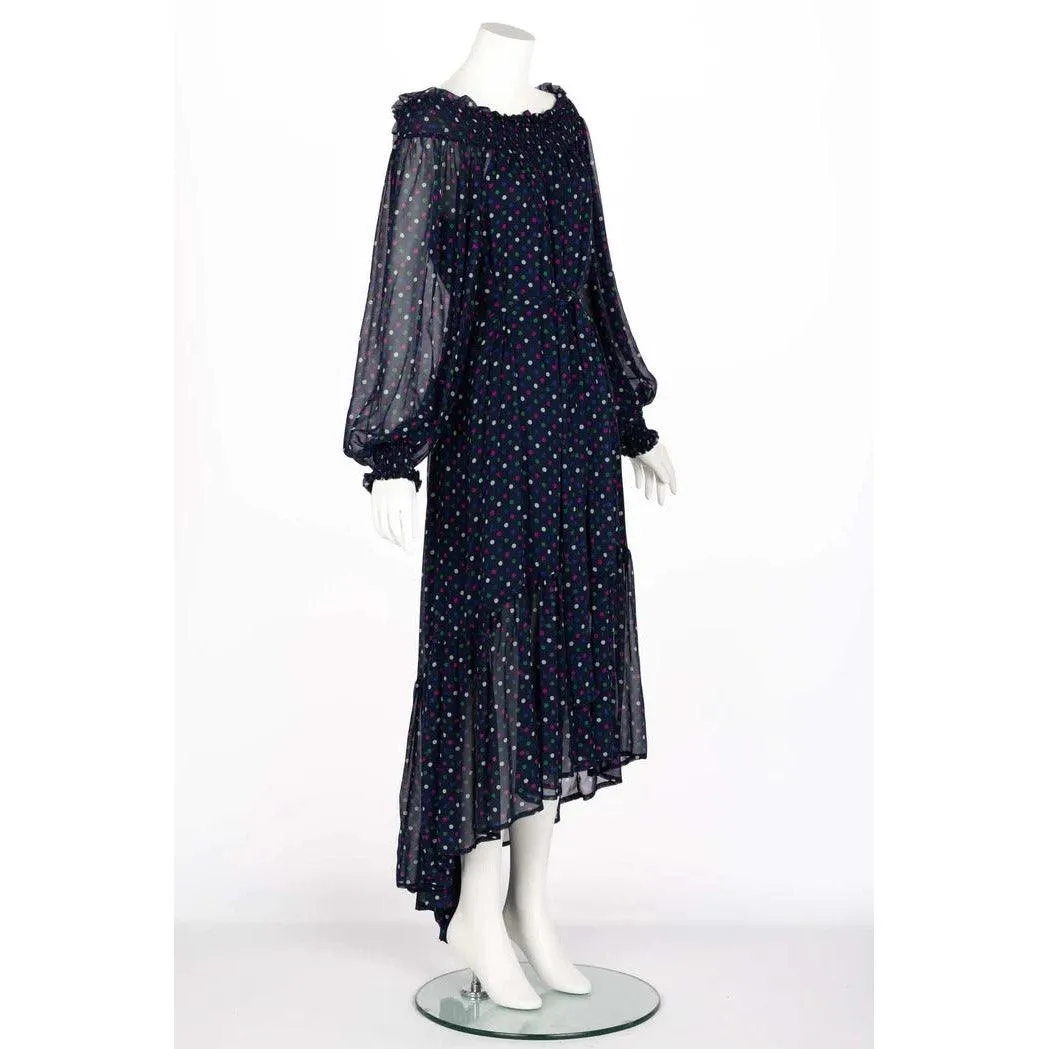 SAINT LAURENT Blue Polka Dot Off Shoulder Silk Dress Ysl 1970s | Size 38 FR