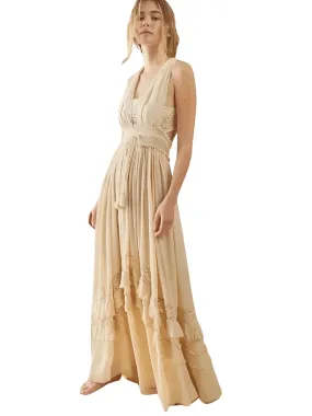 Summer Beach Dress Sleeveless Cotton Maxi Dresses Boho Style Solid Color Lace Ruffled Sundress