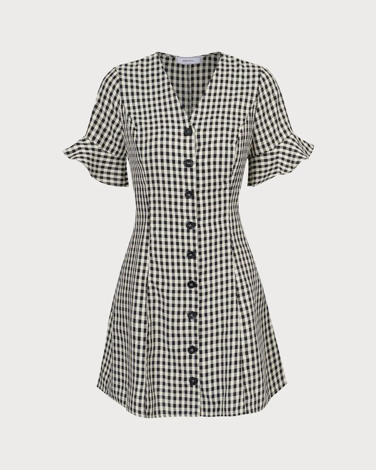 The Black V Neck Plaid Cotton Mini Dress