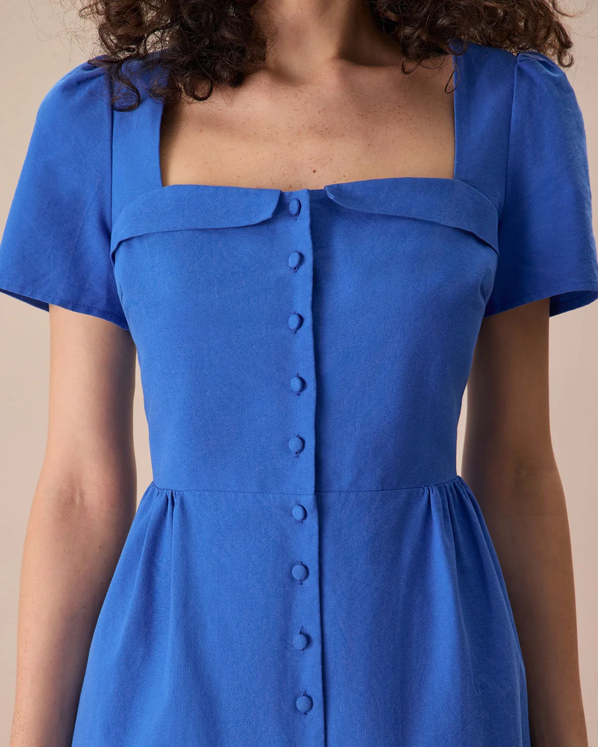 The Blue Sweetheart Neck Button Midi Dress