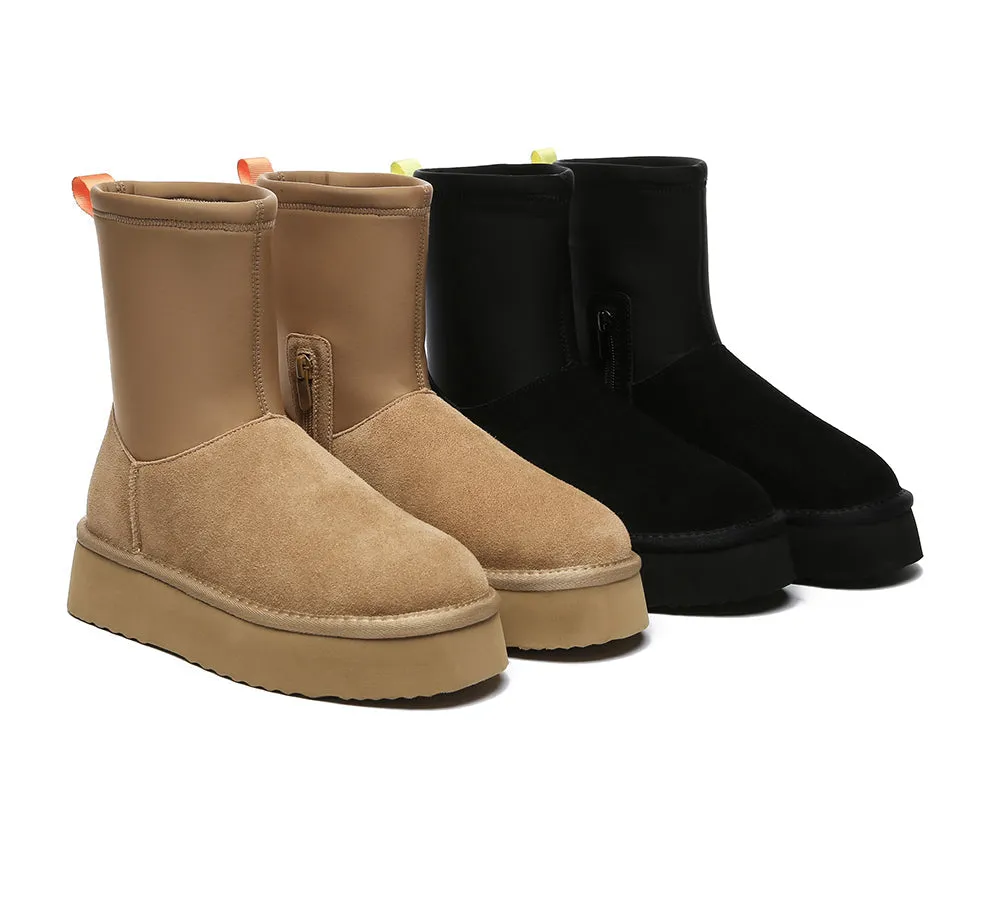 UGG Platform Boots Women Sheepskin Wool Zipper Decor Stretchy Mid Calf Ethel