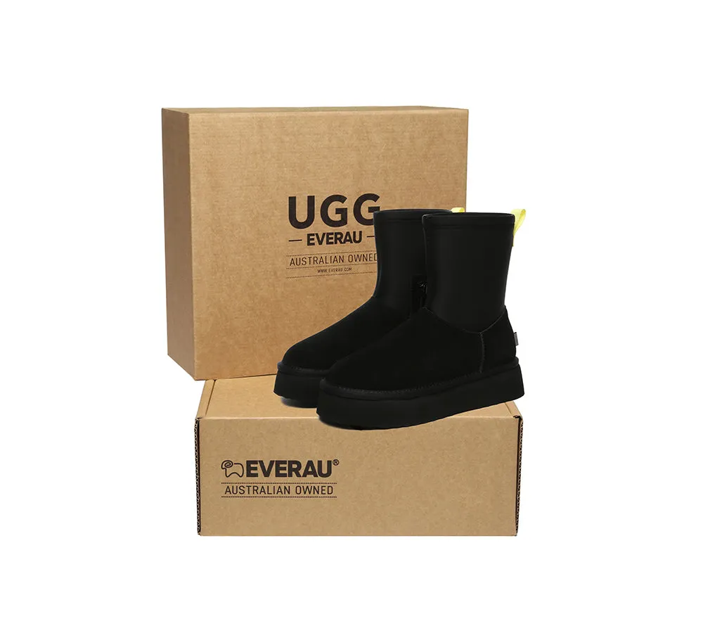 UGG Platform Boots Women Sheepskin Wool Zipper Decor Stretchy Mid Calf Ethel