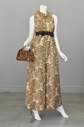 Vintage 1960s 70s Gold Metallic Mocha Palazzo Jumpsuit