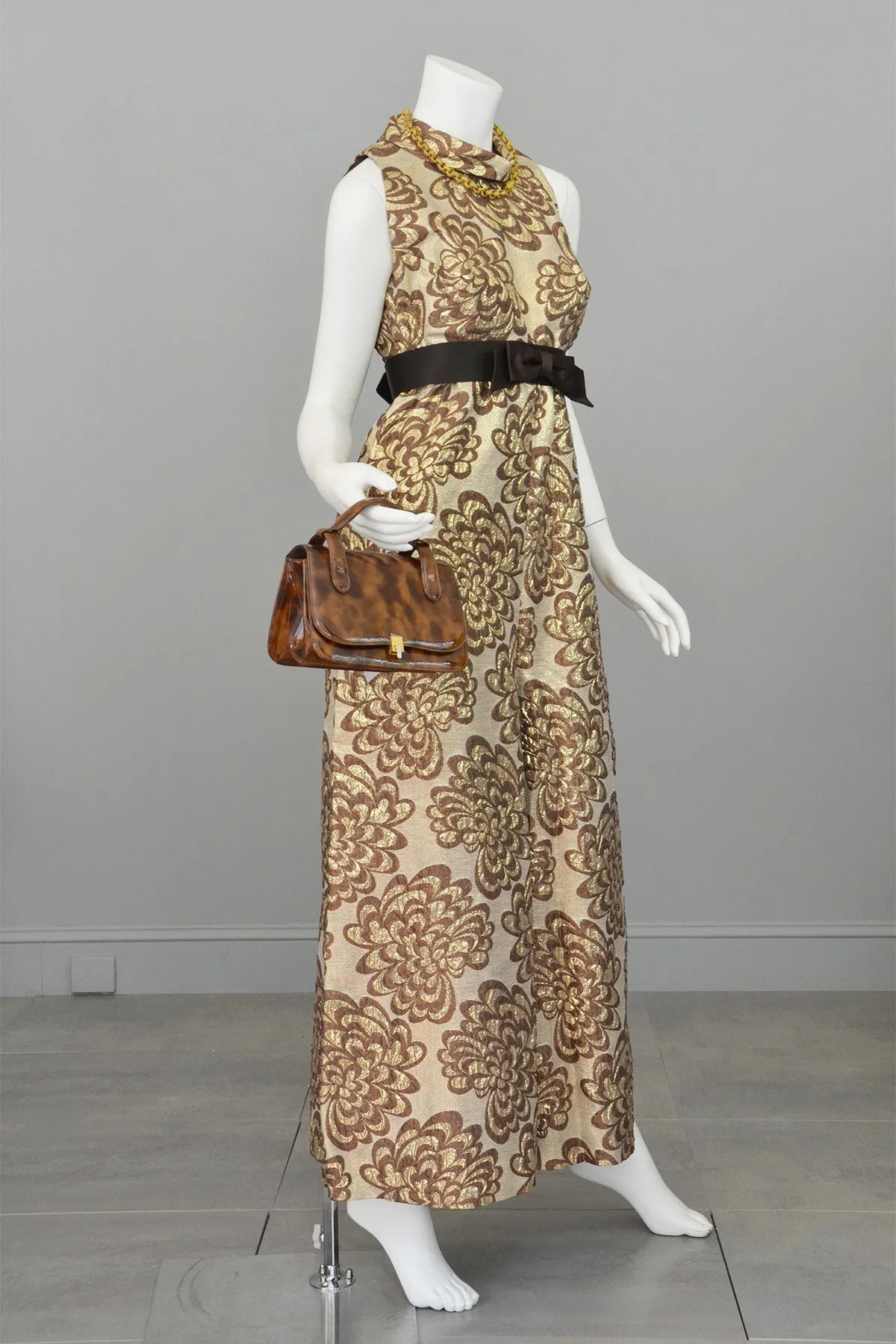 Vintage 1960s 70s Gold Metallic Mocha Palazzo Jumpsuit