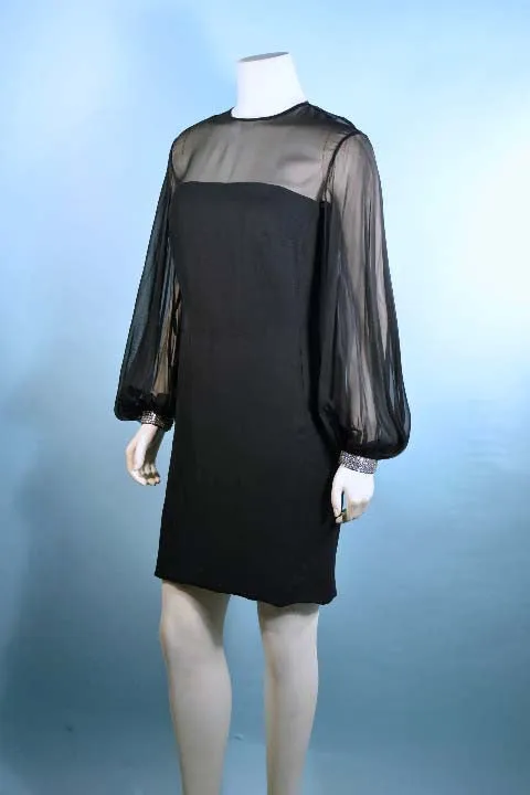 Vintage 60s Mod Black Chiffon Cocktail Party Dress, Full Poet Sleeves   Rhinestone Cuffs S