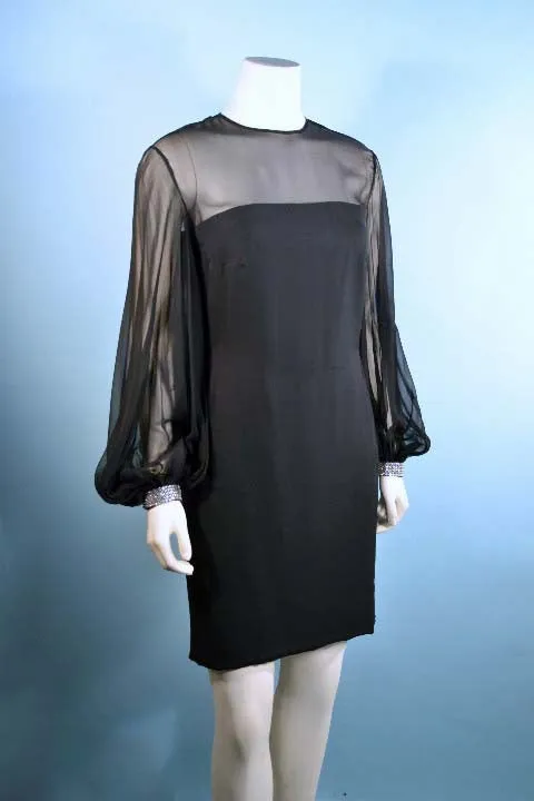 Vintage 60s Mod Black Chiffon Cocktail Party Dress, Full Poet Sleeves   Rhinestone Cuffs S