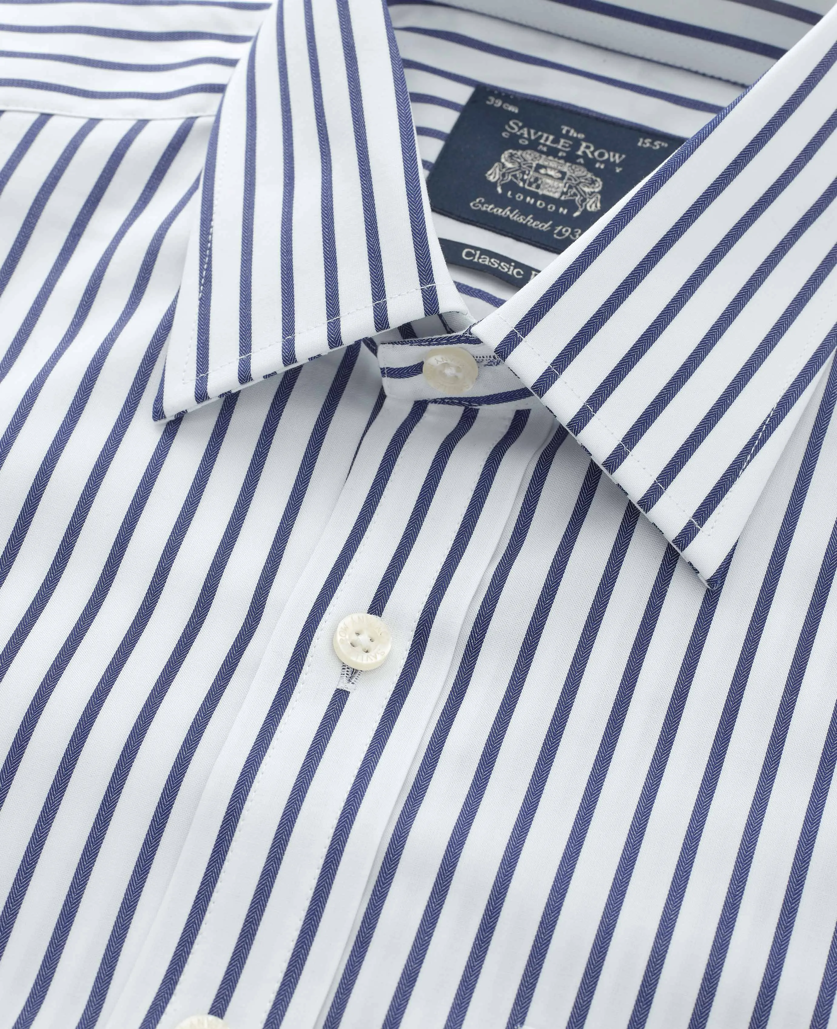 White Navy Stripe Classic Fit Shirt - Single Cuff