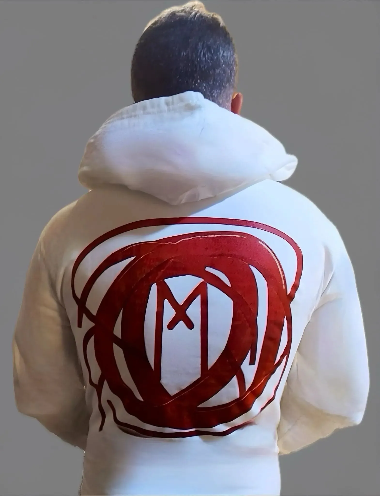 White Zipper Hoodie with Red Abstract Design