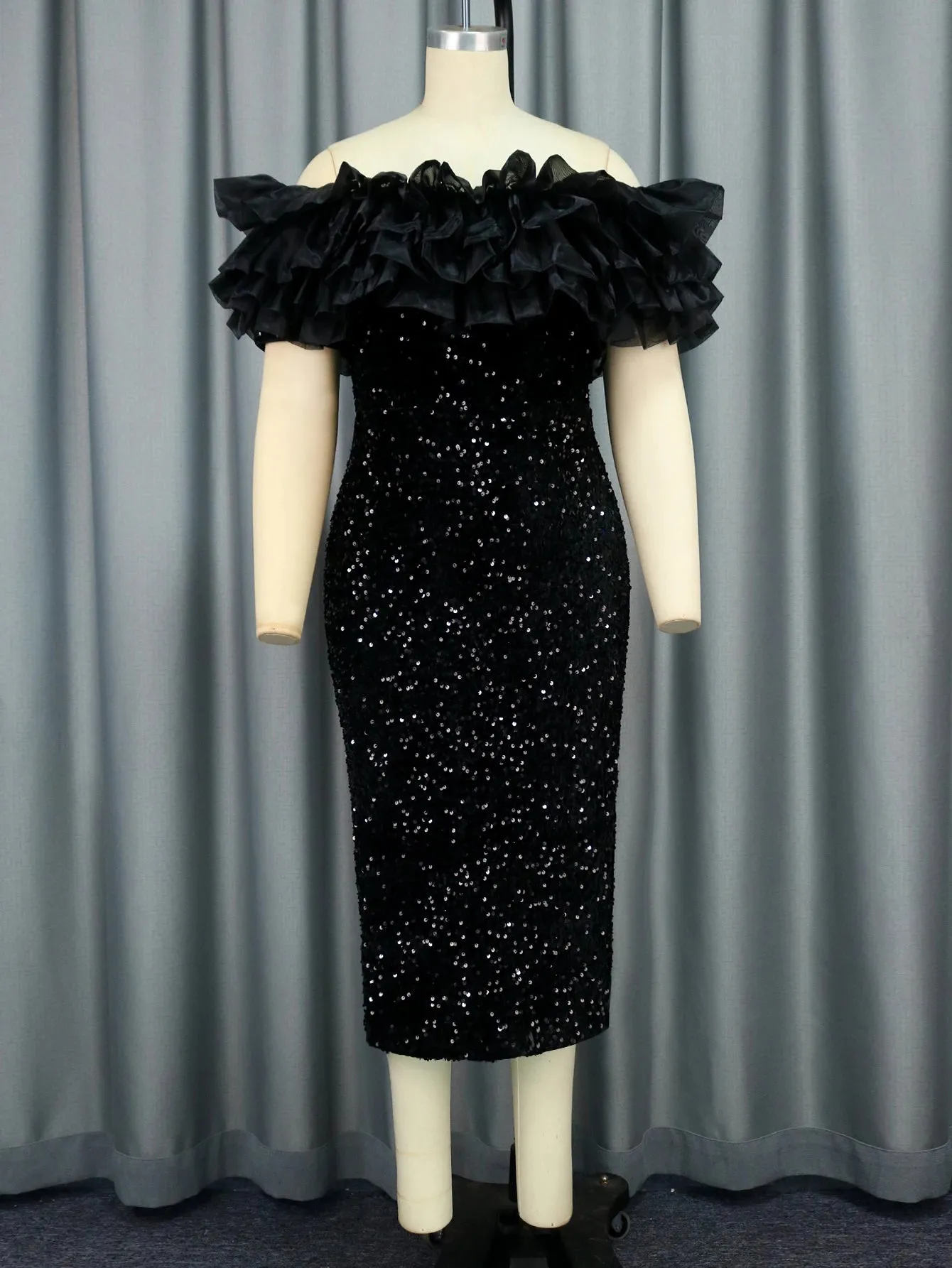 Women Classy Off Shoulder Black Sequin Dress Backless Ruffles Trim Velvet Glitter Dresses Bodycon Party Club Wedding Guest Gown