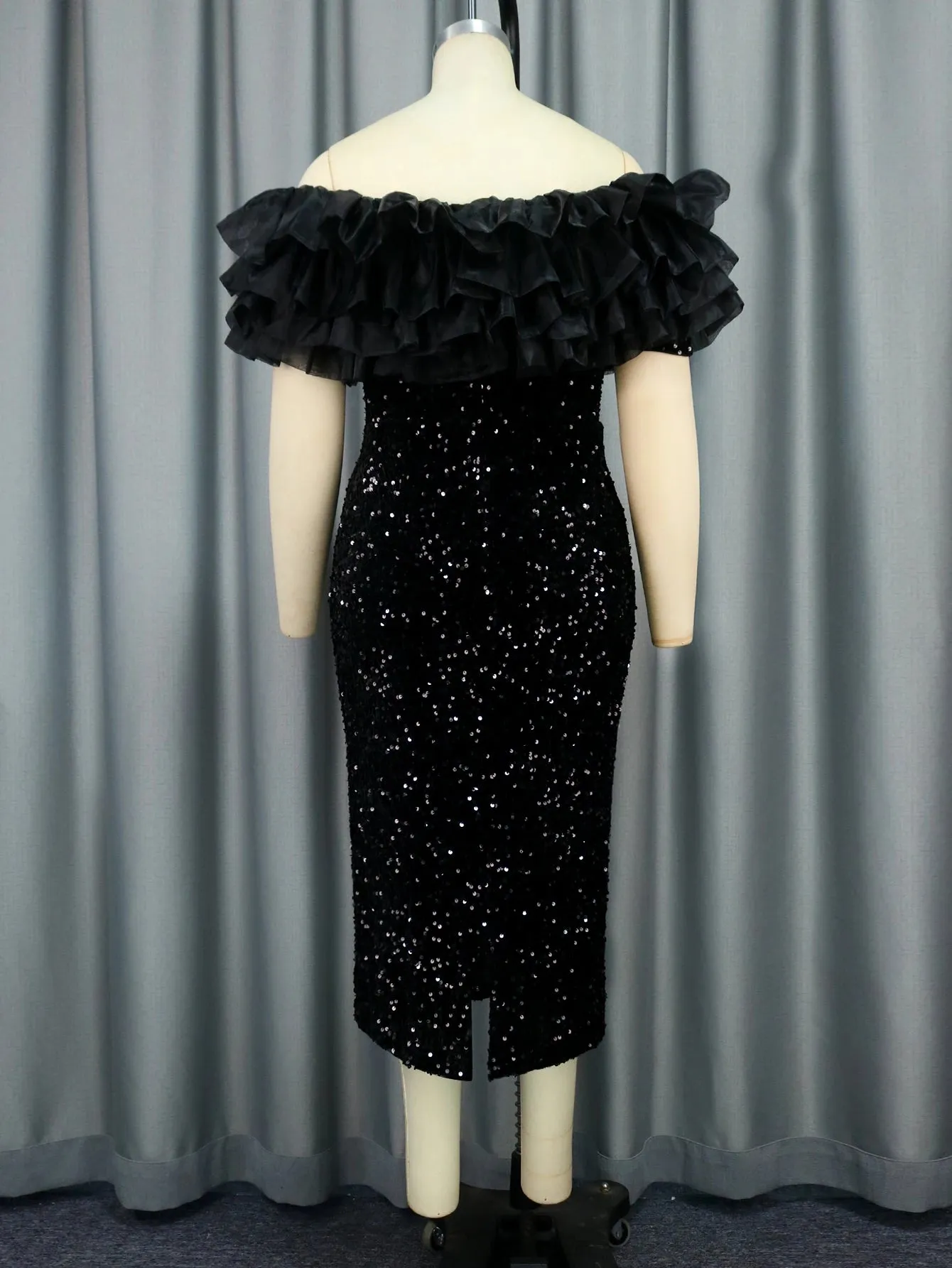 Women Classy Off Shoulder Black Sequin Dress Backless Ruffles Trim Velvet Glitter Dresses Bodycon Party Club Wedding Guest Gown