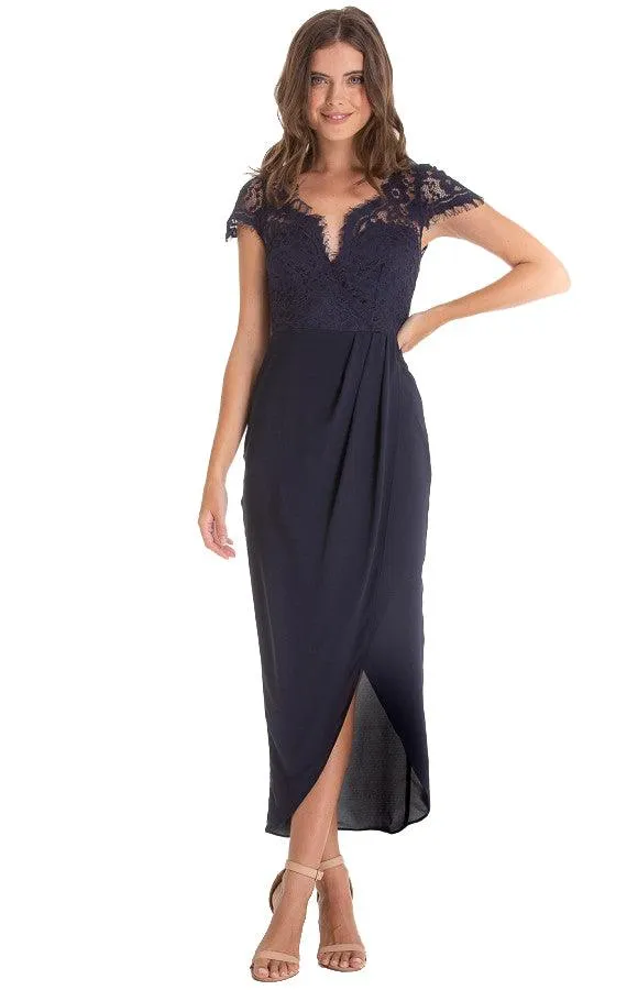 Women's Navy Asymmetric Hemline Embroidery Lace Dress