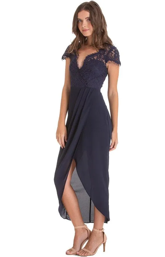 Women's Navy Asymmetric Hemline Embroidery Lace Dress