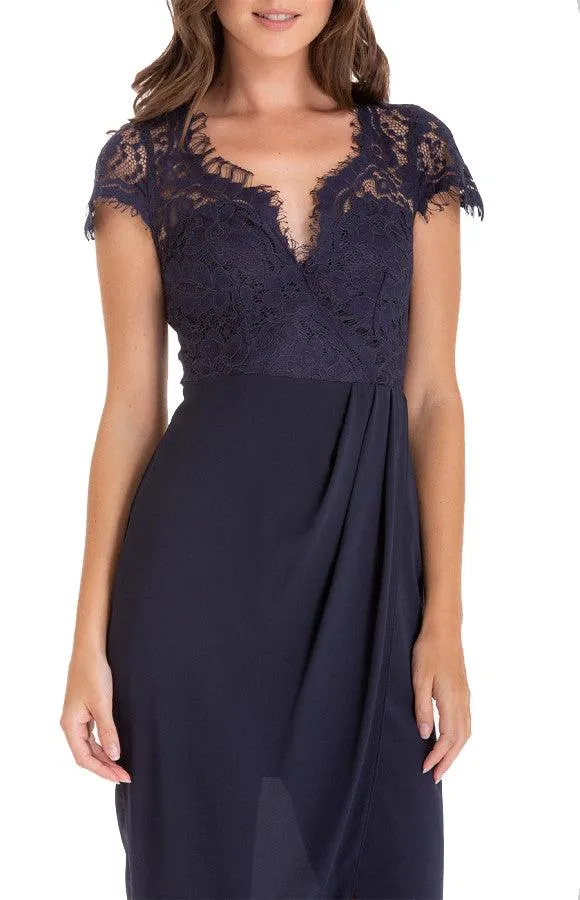 Women's Navy Asymmetric Hemline Embroidery Lace Dress