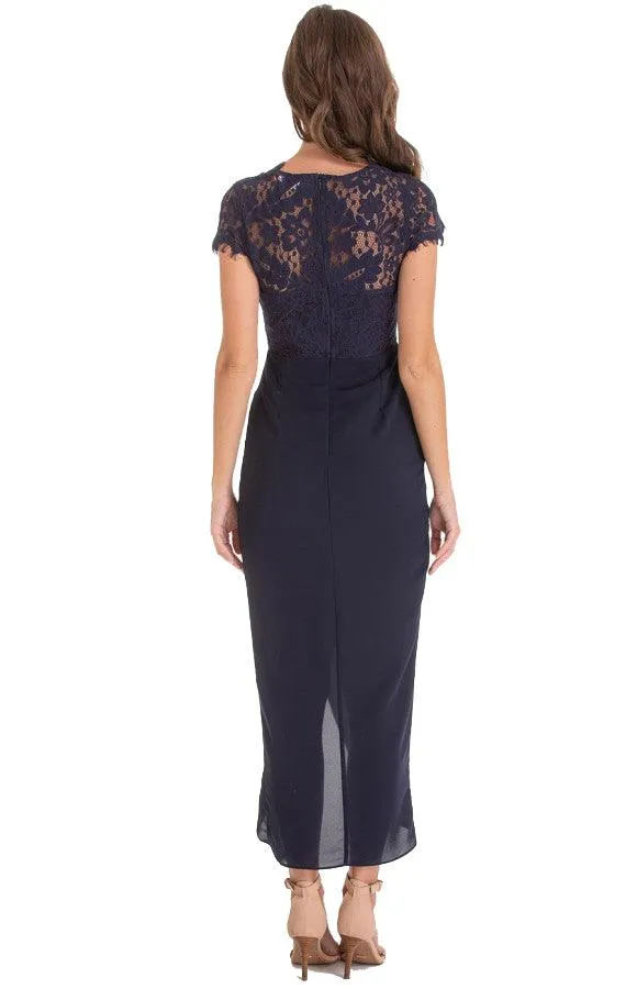 Women's Navy Asymmetric Hemline Embroidery Lace Dress